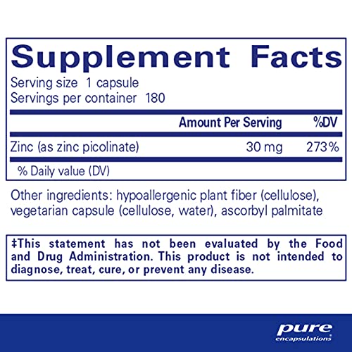 Pure Encapsulations Zinc 30 mg | Zinc Picolinate Supplement for Immune System Support, Growth and Development, Wound Healing, Prostate, and Reproductive Health* | 180 Capsules