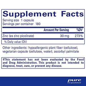 Pure Encapsulations Zinc 30 mg | Zinc Picolinate Supplement for Immune System Support, Growth and Development, Wound Healing, Prostate, and Reproductive Health* | 180 Capsules