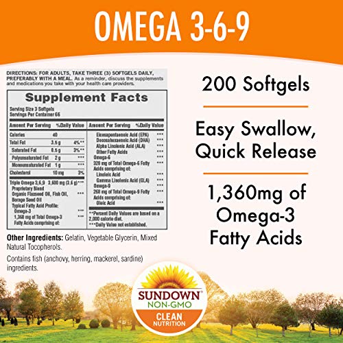 Sundown Triple Omega 3-6-9, Heart and Circulatory Health, 200 Softgels (Packaging May Vary)