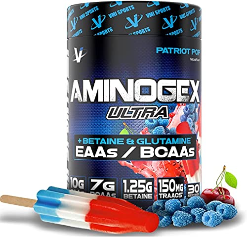 VMI Sports | Aminogex Ultra | BCAA Powder | Amino Acids + Betaine and Glutamine | Amino Acid Post Workout Recovery Drink | Intra Workout Drink with TRAACS Electrolytes | (30 Servings) (Patriot Pop)