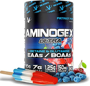 VMI Sports | Aminogex Ultra | BCAA Powder | Amino Acids + Betaine and Glutamine | Amino Acid Post Workout Recovery Drink | Intra Workout Drink with TRAACS Electrolytes | (30 Servings) (Patriot Pop)