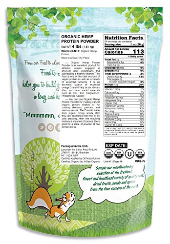 Organic Hemp Protein Powder, 4 Pounds — 50% Protein, Non-GMO, Non-Irradiated, Pure, Kosher, Vegan Superfood, Rich in Iron and Fiber, Product of Canada