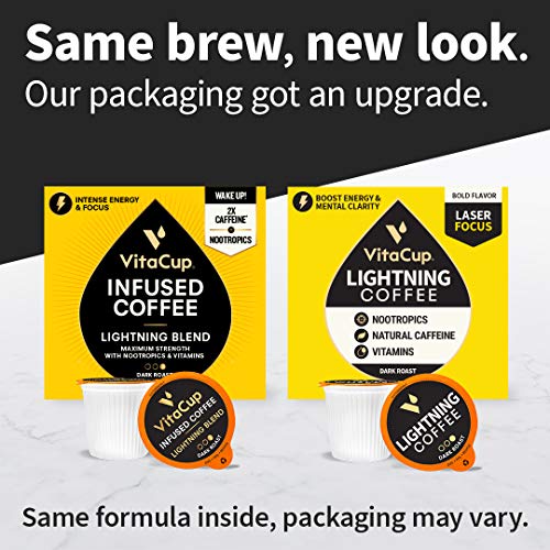 VitaCup Lightning Coffee Pods, Enhance Memory & Focus with 2X Caffeine, Nootropics, B Vitamins, D3, Extra Strong Dark Roast Coffee, Recyclable Single Serve Pod Compatible w/ Keurig K-Cup Brewers,16 Ct