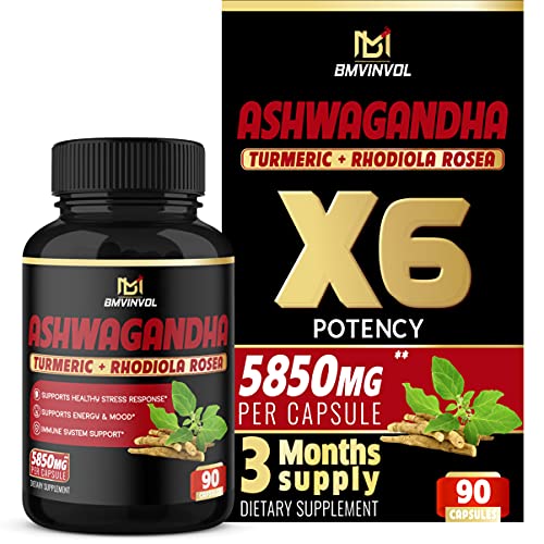 Ashwagandha Capsules 5850 mg - Mood & Energy Support Supplement with Turmeric, St.John's Wort, Rhodiola Rosea Extract - 3 Month Supply