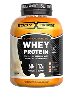 Body Fortress Whey Protein Powder, 60g Protein and 12g BCAA's (per 2 scoops), Vanilla, 5 Lb.