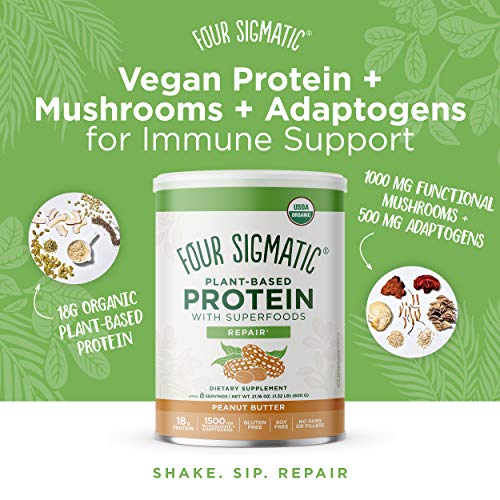 FOUR SIGMATIC Superfood Organic Plant-Based Protein with Chaga Mushroom & Ashwagandha, Canister, Peanut Butter, 1.32 Pound (Pack of 1), 21.16 Oz