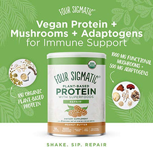 FOUR SIGMATIC Superfood Organic Plant-Based Protein with Chaga Mushroom & Ashwagandha, Canister, Peanut Butter, 1.32 Pound (Pack of 1), 21.16 Oz