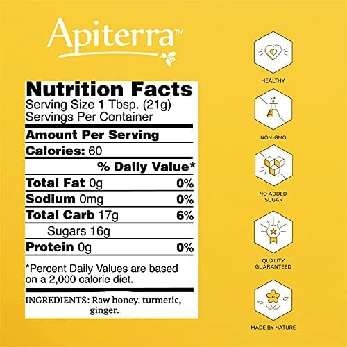 Apiterra - 100% Pure Raw Honey Infused with Turmeric and Ginger - 8 Ounce, 4 Count (total 32 ounce)