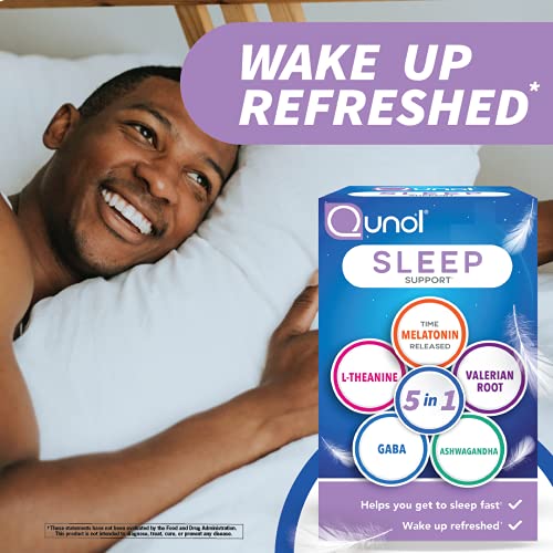 Qunol Sleep Support, 5-in-1 Non-Habit Forming Sleep Aid, Supplement with time-released Melatonin 5mg, Ashwagandha, GABA, Valerian Root, L-Theanine, 2 months supply, capsules, 60 ct