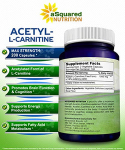 Acetyl L-Carnitine 1000mg Max Strength - 200 Veggie Capsules - High Dosage Acetyl L Carnitine HCL (ALCAR) Supplement Pills to Support Pure Energy, Brain Function & Fatty Acid