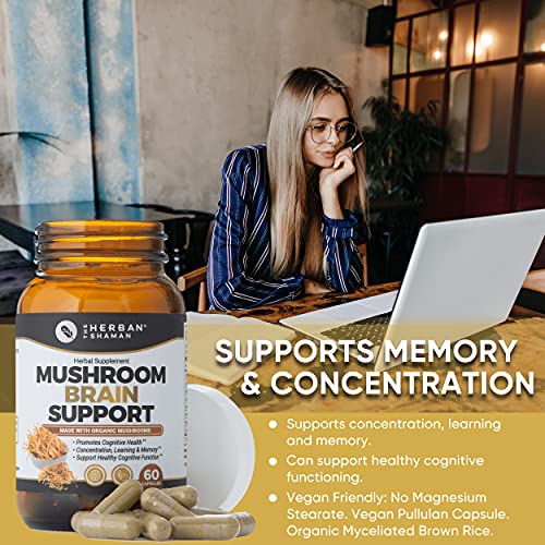 The Herban Shaman Mushroom Supplement Brain Support | Organic Lions Mane, Cordyceps, Ginkgo Leaf, Gotu Kola + More | Natural Herbal Supplement (60 Capsules)