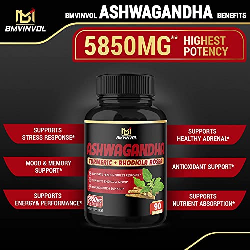 Ashwagandha Capsules 5850 mg - Mood & Energy Support Supplement with Turmeric, St.John's Wort, Rhodiola Rosea Extract - 3 Month Supply