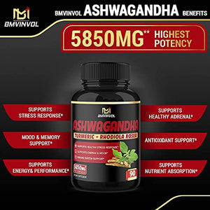 Ashwagandha Capsules 5850 mg - Mood & Energy Support Supplement with Turmeric, St.John's Wort, Rhodiola Rosea Extract - 3 Month Supply