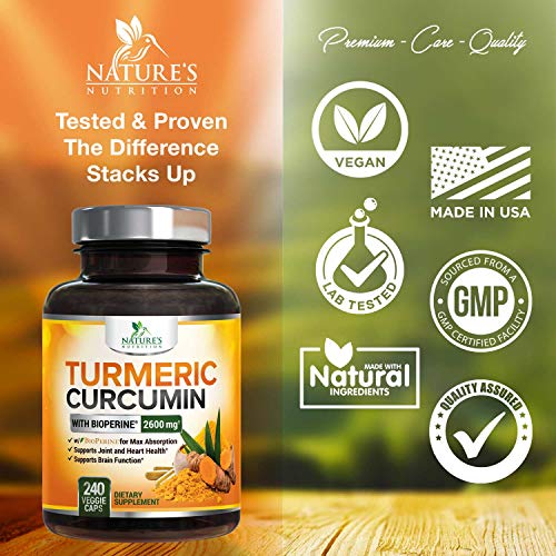 Turmeric Curcumin with Bioperine 95% Curcuminoids 2600mg with Black Pepper for Best Absorption, Made in USA, Best Vegan Joint Support, Turmeric Supplement Pills by Natures Nutrition - 240 Capsules