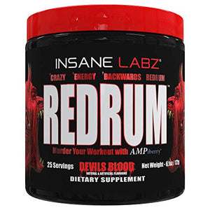 Insane Labz Redrum High Stim Pre Workout NO Booster Powder, Loaded with Beta Alanine Agmatine Sulfate Taurine Fueled by AMPiberry, OXYgold,Focus Strength Recovery,25 Srvgs Devil's Blood Black Cherry