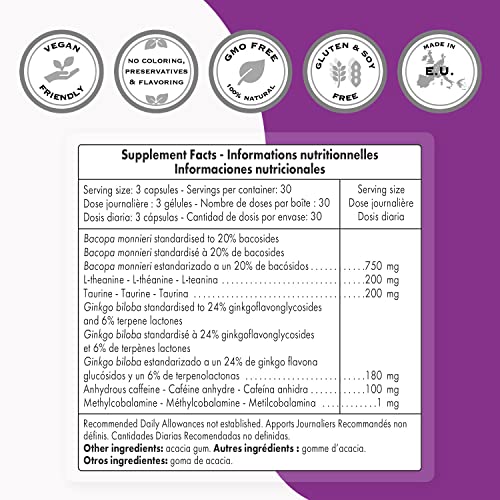 Supersmart - Smart Pills - with Bacopa Monnieri, Ginkgo biloba & L-theanine - Super Nootropics - Focus & Brain Boost Supplement - Caffeine Pills | Non-GMO & Gluten Free - 60 Vegetarian Capsules