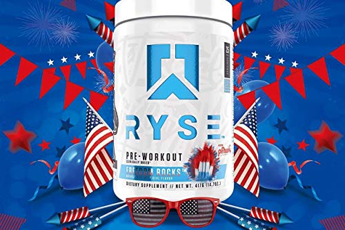 Ryse PRE Workout | Ryse Up Supplements | Fuel Your Greatness | Energy, Endurance, Focus, Next Level Pump, Citruline, Taurine, Arginine, CarnoSyn Beta Alanine, 20 Servings (Freedom Rocks)