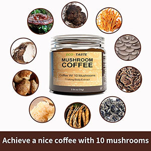 Organic Mushroom Coffee - 36 Servings, Instant Coffee Mix Includes 10 Mushrooms Extract Powder (30% Beta-glucan)