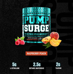 PUMPSURGE Caffeine Free Pump & Nootropic Pre Workout Supplement - Non Stimulant Preworkout Powder & Nitric Oxide Booster - 20 Servings, Raspberry Peach