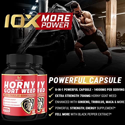 (2 Packs) Horny Goat Weed Capsules, 14000mg Herbal Equivalent with Maca, Tribulus, Ginseng - Performance and Energy Support - 120 Capsules