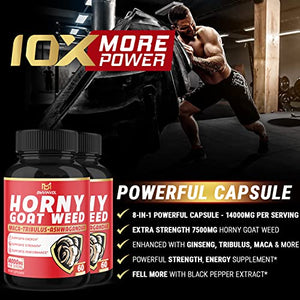 (2 Packs) Horny Goat Weed Capsules, 14000mg Herbal Equivalent with Maca, Tribulus, Ginseng - Performance and Energy Support - 120 Capsules