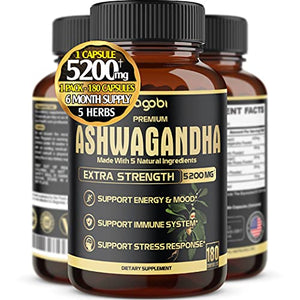 5in1 Premium Ashwagandha Capsules, High Extracted Capsule Equivalents to 5200mg Powder. Added Turmeric, Rhodiola Rosea, Ginger, Black Pepper. Strength and Spirit Support - 1Pack - 180 Caps - 6 Months