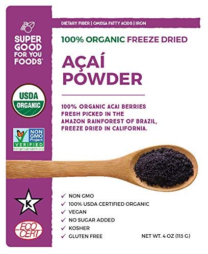 Super Good For You Foods Freeze Dried Acai Berry Powder, USDA Certified Organic, Gluten-Free, Non-GMO, Vegan, No Sugar Added, Kosher, 4 oz