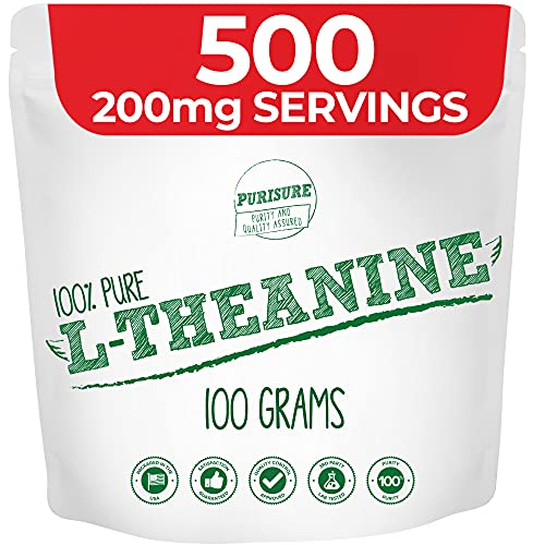 Purisure L-Theanine Powder 100g (1000 Servings), Nootropic, Cognitive Enhancer, Reduce Stress, Mood Support, Relaxation and Focus Supplement, Sleep Aid, Healthy Blood Flow