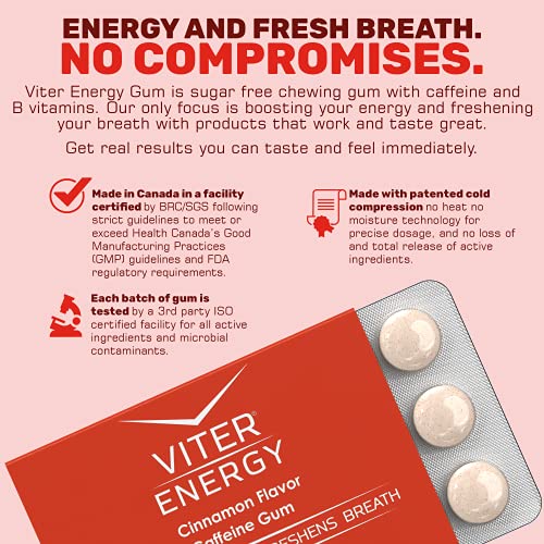 Viter Energy Caffeinated Gum - 60mg Caffeine, B Vitamins, Guarana, Sugar Free Vegan Chewing Gum. Zero Calories. Performance Nootropic Chews for Powerful Energizing Focused Boost (Cinnamon, 6 Pack)