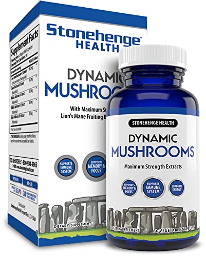 Stonehenge Health Dynamic Mushrooms - 100% Fruiting Bodies & Extracts - Lion’s Mane, Chaga, Maitake, Shiitake, Reishi - Nootropic Brain & Focus, Immune System Booster - No Mycelium -60 Veggie Capsules