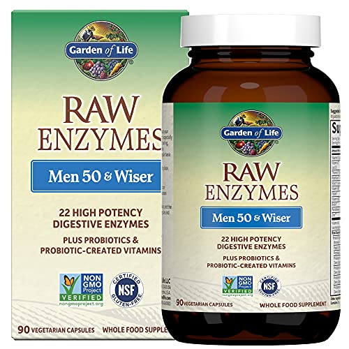 Garden of Life Vegetarian Digestive Supplement for Men 50 & Wiser - Raw Enzymes for Digestion, Bloating, Gas, and IBS, 90 Capsules - Packaging May Vary