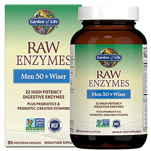 Garden of Life Vegetarian Digestive Supplement for Men 50 & Wiser - Raw Enzymes for Digestion, Bloating, Gas, and IBS, 90 Capsules - Packaging May Vary