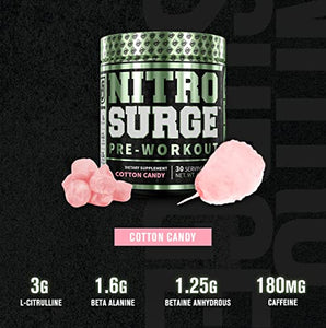 NITROSURGE Pre Workout Supplement - Endless Energy, Instant Strength Gains, Clear Focus, Intense Pumps - Nitric Oxide Booster & Powerful Preworkout Energy Powder - 30 Servings, Cotton Candy