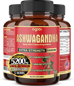 5in1 Ashwagandha Capsules - Equivalent to 5200mg Powder - Combined With Turmeric, Ginger, Black Pepper And Rhodiola - Mood And Strength Support Supplement - 1 Pack 90 Capsules 3-Month Supply