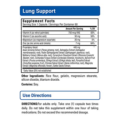 U.S. Doctors' Clinical Lung Support Supplement for Lung and Respiratory Health with Natural Herbs, Magnesium, Vitamin C, and Zinc for Immune Support (Packaging May Vary) [1 Month Supply - 60 Capsules]