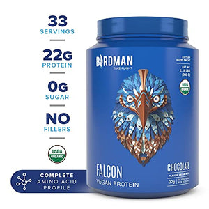 Birdman Falcon Premium Organic Plant Based Protein Powder, Vegan, Low Net Carbs, Keto, No Sugar Added, Non Dairy, Gluten-Free, Soy-Free, Lactose-Free, Non-GMO, Chocolate Flavor 33 Servings, 2.18lb