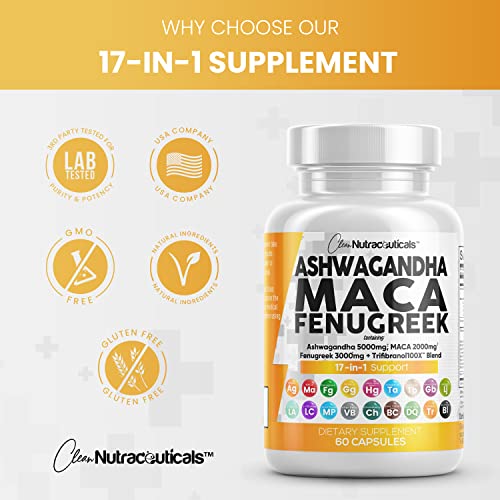 Ashwagandha Maca Root Fenugreek Supplement with Tongkat Ali Ginseng - Assists with Stress, Mood & Adrenal Health - Ashwagandha Capsules Maca Pills Fenugreek Caps Made in USA - 60 Count