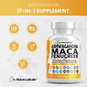 Ashwagandha Maca Root Fenugreek Supplement with Tongkat Ali Ginseng - Assists with Stress, Mood & Adrenal Health - Ashwagandha Capsules Maca Pills Fenugreek Caps Made in USA - 60 Count