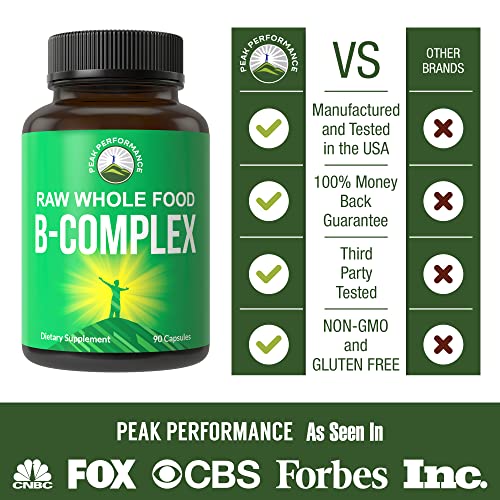 Raw Whole Food Vegan B Complex Supplement. Best B-Complex with Vitamin B1, B2, B3, B5, B6, B7, B9 and B12. Vitamins 90 Capsules. Energy + Stress