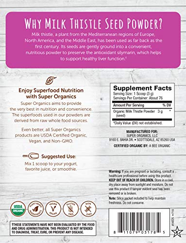 Super Organics Milk Thistle Seed Powder | Raw Organic Superfood – Vegan, Gluten-Free & Non-GMO, 8 Oz