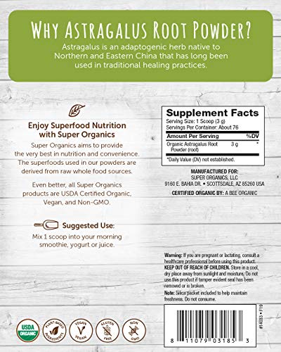 Super Organics Astragalus Root Powder | Natural Stress Support – Vegan, Gluten-Free & Non-GMO, 8 Oz