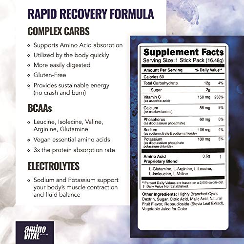 Amino VITAL Rapid Recovery- BCAAs Amino Acid Post Workout Powder Packets | Muscle Recovery Drink with Glutamine | Vegan, Gluten Free Supplement | 14 Single Serve BCAA Travel Packets | Blueberry Flavor