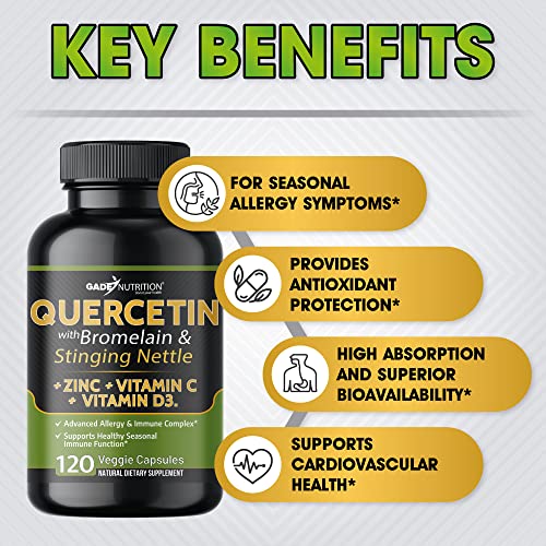 Quercetin with Vitamin C and Zinc - Nettle Quercetin - Quercetin 500mg - Quercetin with Bromelain - Zinc Quercetin + Vitamin D3 - 120 Veggie Caps - Quercetin Supplements Non-GMO, Gluten-Free, Vegan