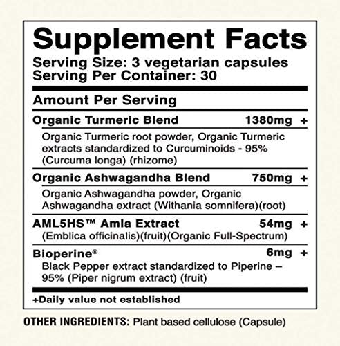 Avira Organic Turmeric Ashwagandha, Super Fusion with Amla, Curcumin & Bioperine, Helps Support Occasional Stress Management, Energy Level & Immune System, Vegan, Non-GMO, Yellow, 90 Count