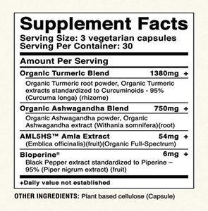 Avira Organic Turmeric Ashwagandha, Super Fusion with Amla, Curcumin & Bioperine, Helps Support Occasional Stress Management, Energy Level & Immune System, Vegan, Non-GMO, Yellow, 90 Count