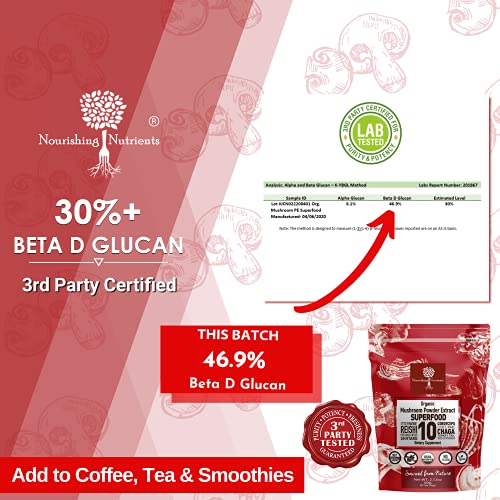 Organic Mushroom Powder Extract -Superfood 10 Supplement 14x Stronger 100% Pure USDA Immunity Booster- Reishi, Chaga, Cordyceps, Shiitake, Lions Mane, Turkey Tail and More. Add to Coffee/Tea 60 Grams