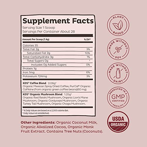 KOS Mushroom Coffee - Dark Chocolate Mocha Flavor - Organic Instant Coffee Mix with Reishi, Cordyceps, Lion's Mane, Chaga & Turkey Tail Mushrooms