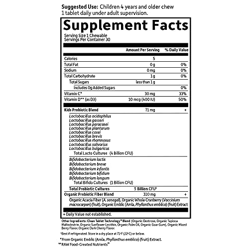 Garden of Life Dr. Formulated Probiotics Organic Kids+ Plus Vitamin C & D - Berry Cherry - Gluten, Dairy & Soy Free Immune & Digestive Health Supplement, No Added Sugar, 30 Chewables (Shelf Stable)