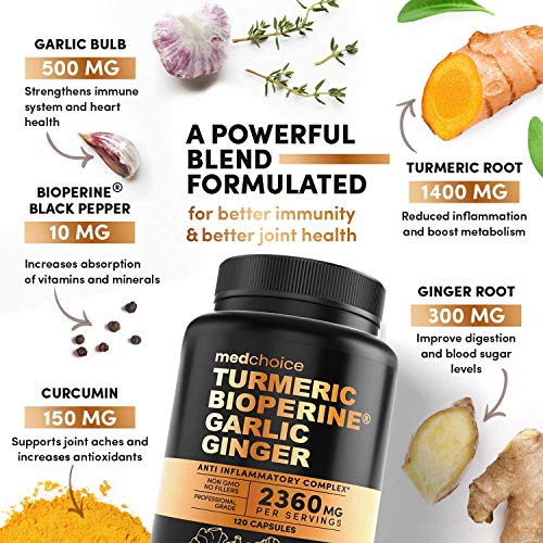 4-in-1 Turmeric Curcumin w Bioperine 2360mg (120 ct) | 95% Curcuminoids, Ginger Root, Garlic Pills, Black Pepper | Anti Inflammatory Joint Pain Heart Health | Made in The USA (120 Count (Pack of 2))