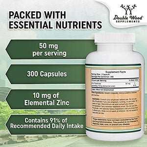 Zinc Picolinate 50mg, 300 Capsules (Immune Support for Kids and Adults) Non-GMO, Gluten Free, Made in The USA (300 Day Supply) by Double Wood Supplements